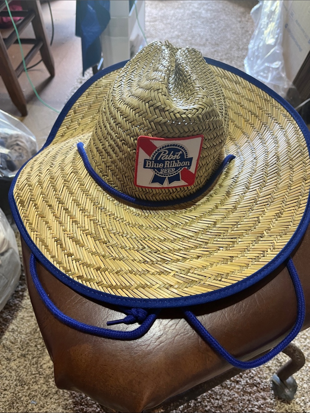 Target Straw Sun Hat with Blue Trim and Pabst Blue Ribbon Patch